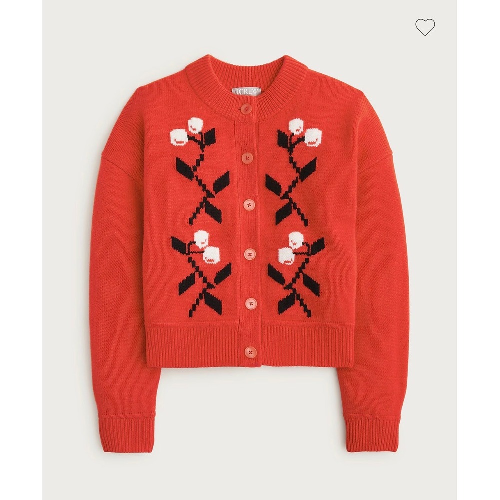 J.Crew Womens Vintage Red Wool Floral Intarsia Cardigan Sweater Cherry  Sz S NWT